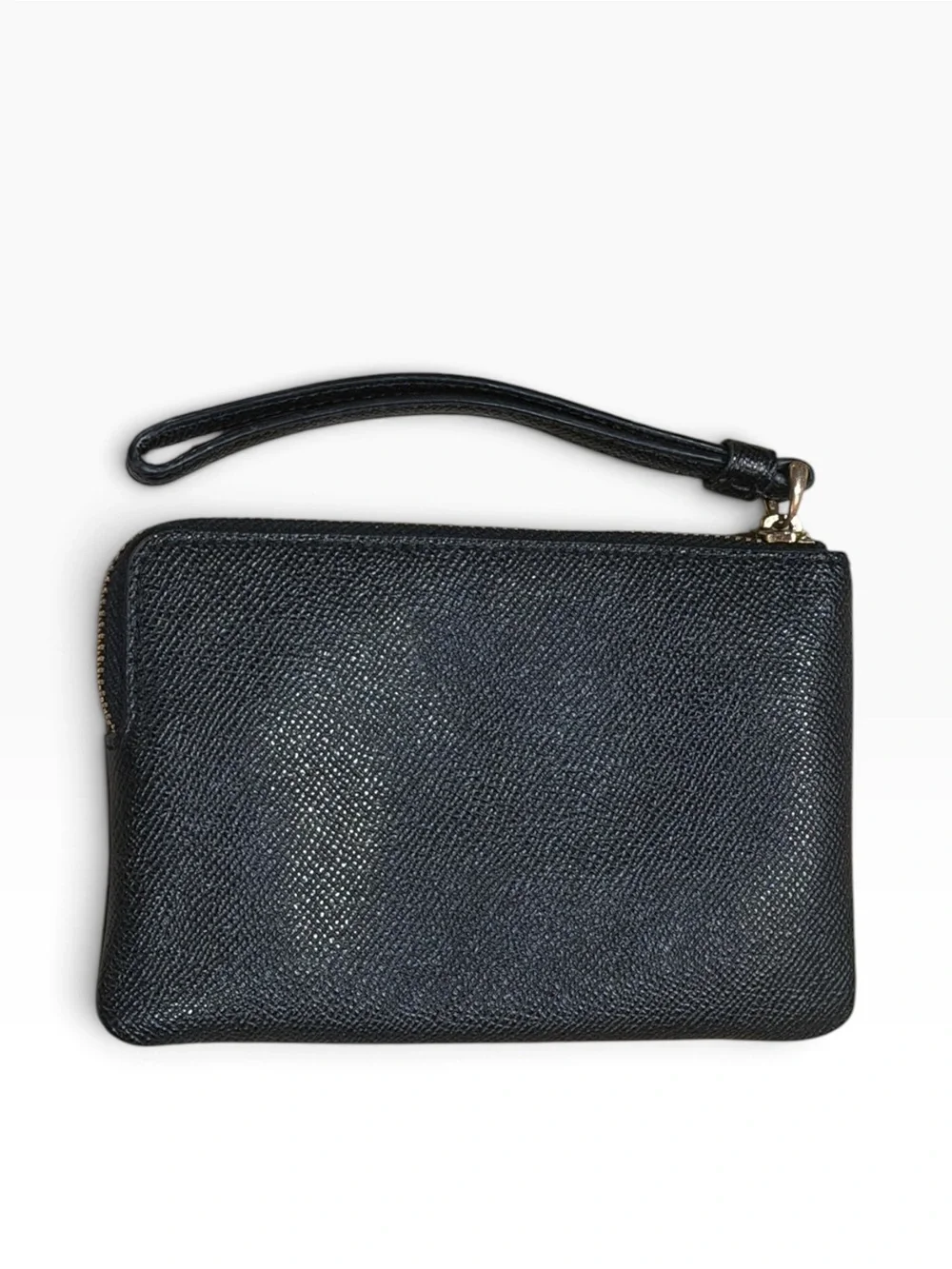 Coach Black Crossgrain Leather Small Zip Wristlet Pouch Purse Gold Hardware